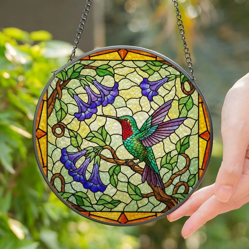Vibrant Hummingbird Tiffany Stained Glass Flowers Mosaic - Jewel Tone Window Art Gift Stained Glass Suncatcher - 1