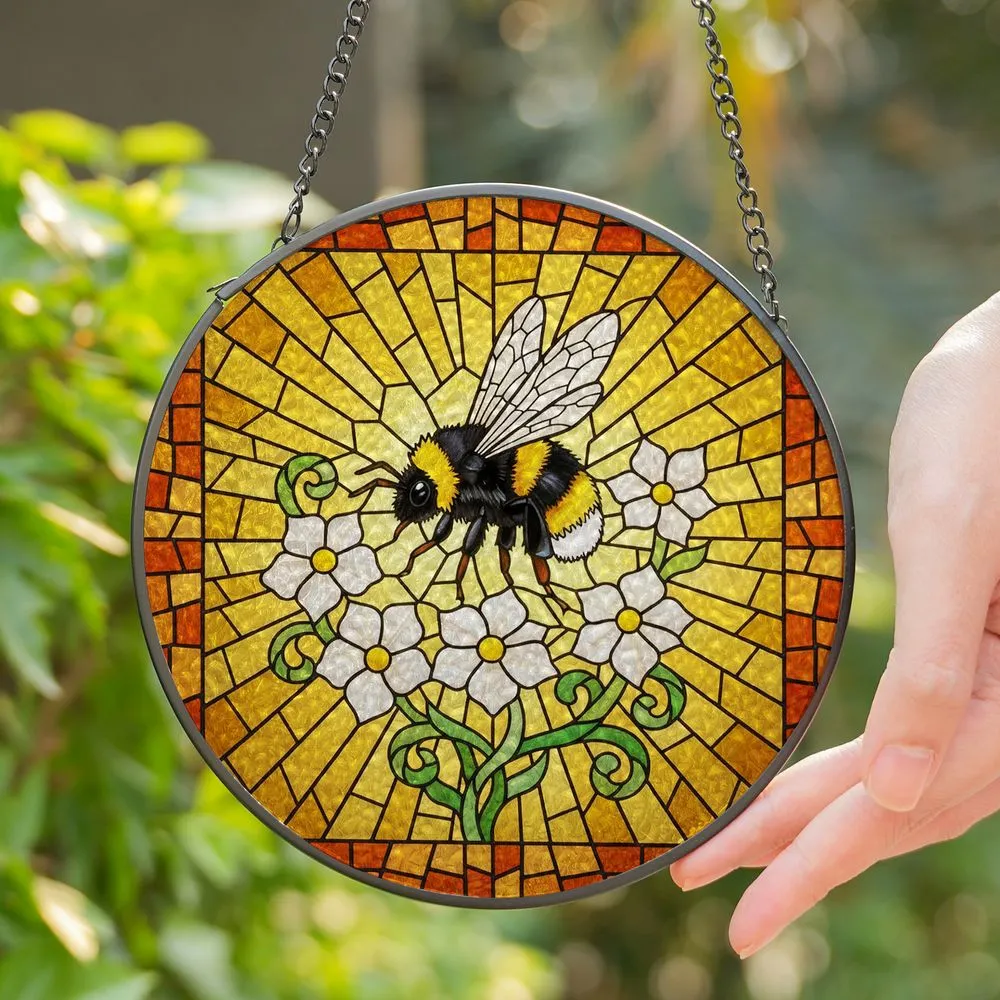 Intricate Bumblebee Flowers Stained Glass Mosaic - Tiffany Style Jewel Tone Art Decor Stained Glass Suncatcher - 1