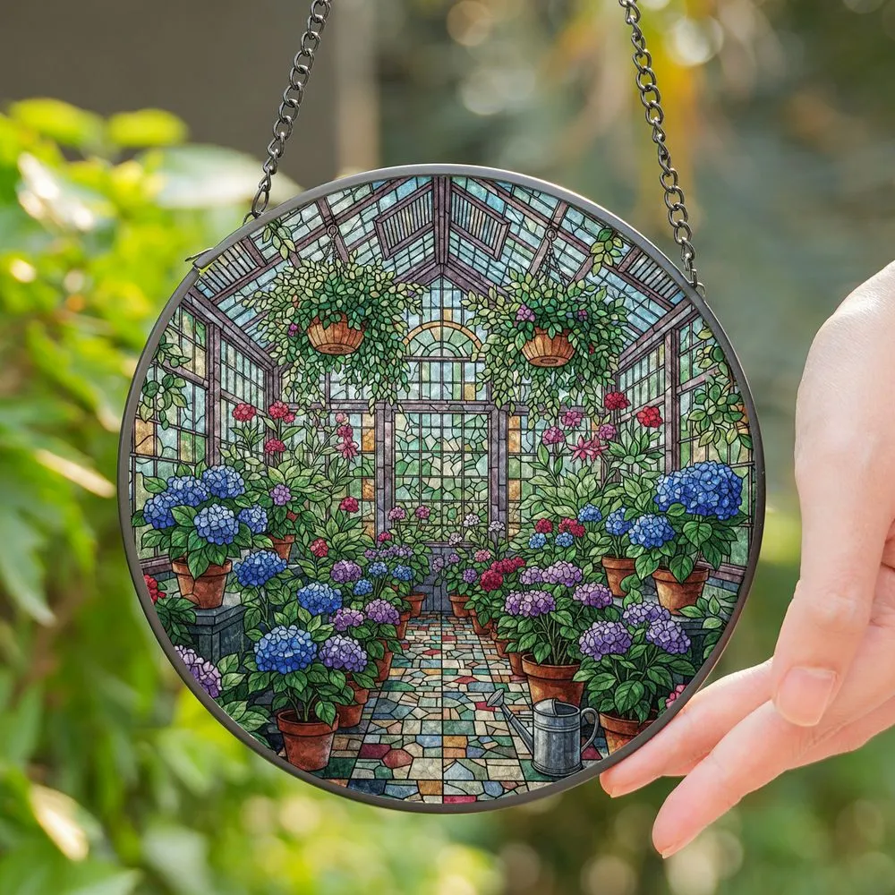 Stained Glass Greenhouse Flowering Plants - Tiffany Style Hydrangeas & Potted Vines Decor Stained Glass Suncatcher - 1