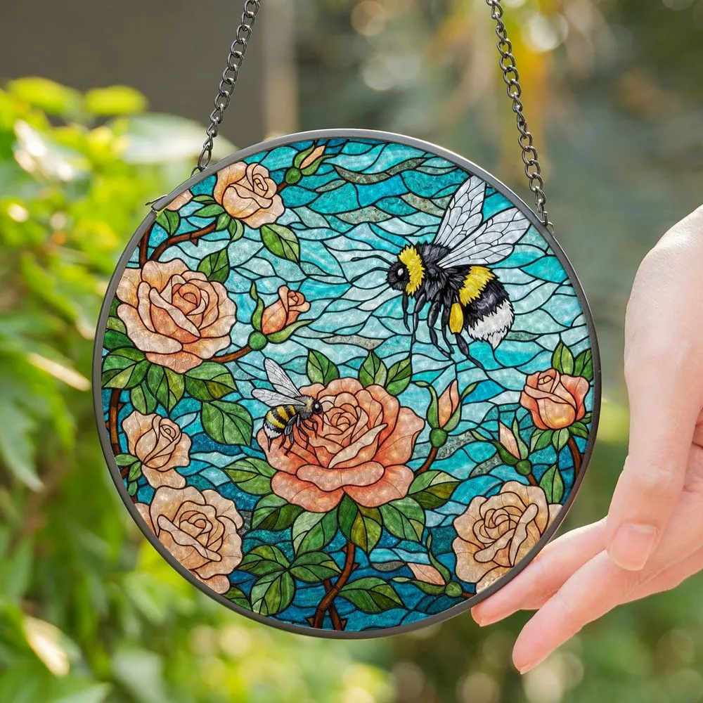 Fluffy Bumblebee Pollinating Rosebuds Stained Glass Aqua Teal Sky Mosaic Bee Lover Gift Stained Glass Suncatcher - 1