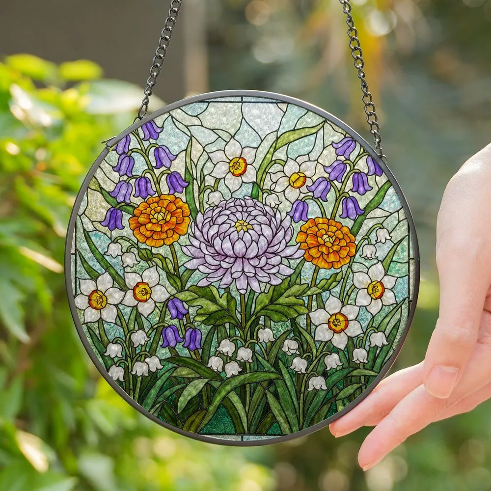 Tiffany Style Purple Chrysanthemum Marigold Lily Garden Flowers Jewel Tone Mosaic Glass Stained Glass Suncatcher - 1