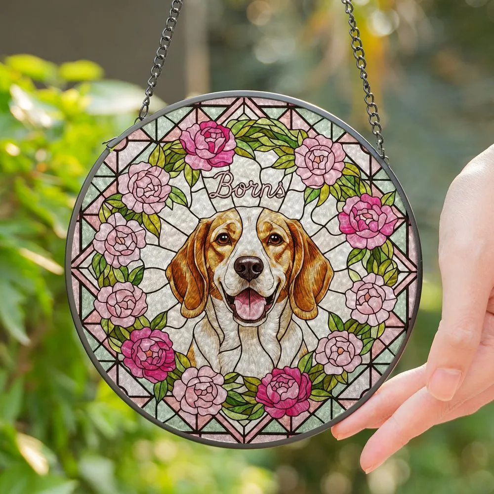 Happy Beagle Dog Stained Glass Mosaic Art - Borns Name & Pink Peonies Floral Wreath Stained Glass Suncatcher - 1