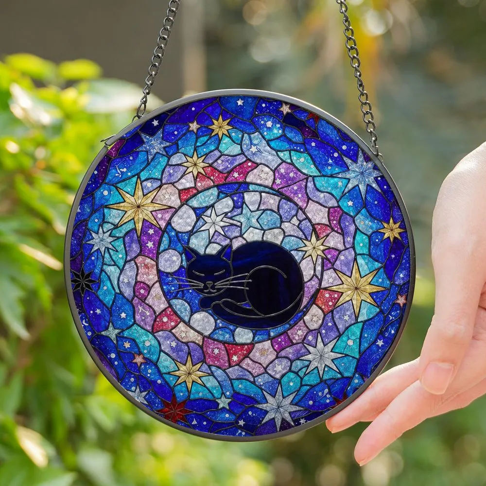 Black Cat Crescent Moon Tiffany Style Stained Glass Celestial Night Sky Decor Gift Stained Glass Suncatcher - 1