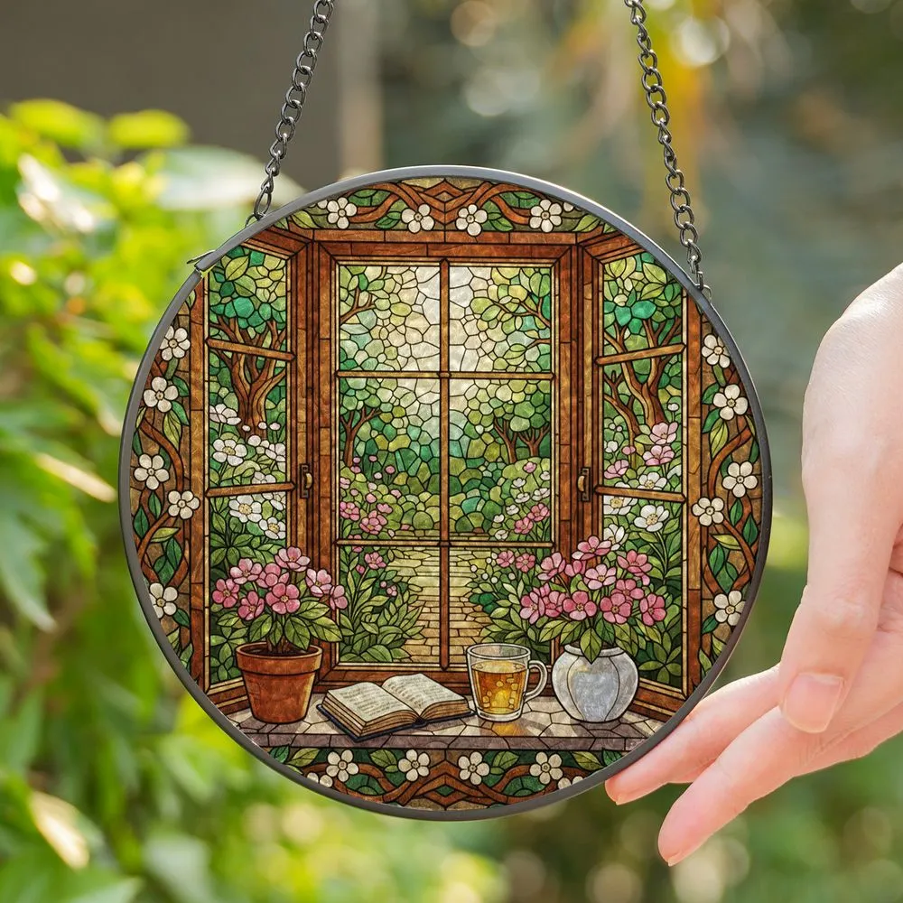 Stained Glass Window Garden View Sunlit Flora Potted Plants Tea Book Home Decor Gift Stained Glass Suncatcher - 1