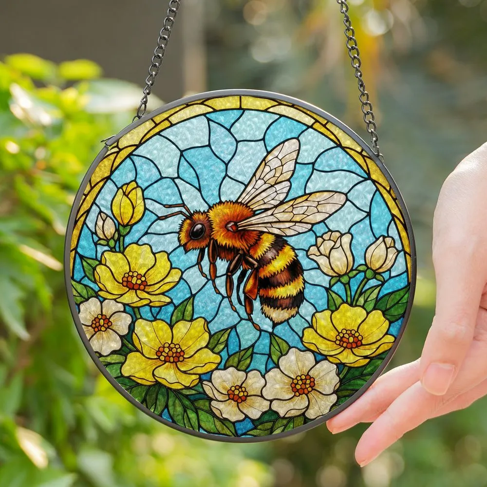 Fuzzy Honeybee Blooming Flowers Tiffany Stained Glass Mosaic Sky - Nature Art Gift Stained Glass Suncatcher - 1