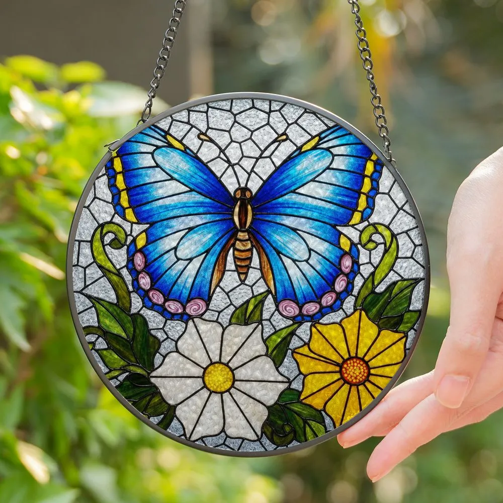 Blue Butterfly Stained Glass Tiffany Style Intricate Mosaic Floral Art Glowing Jewel Tones Stained Glass Suncatcher - 1