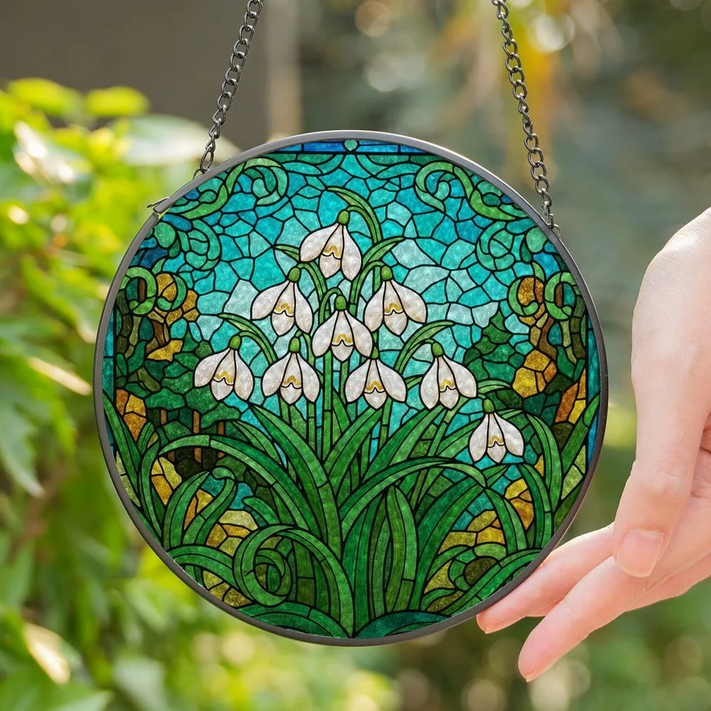 Tiffany Stained Glass Snowdrop Flowers with Green Leaves - Detailed Blue Sky Mosaic Art Stained Glass Suncatcher - 1