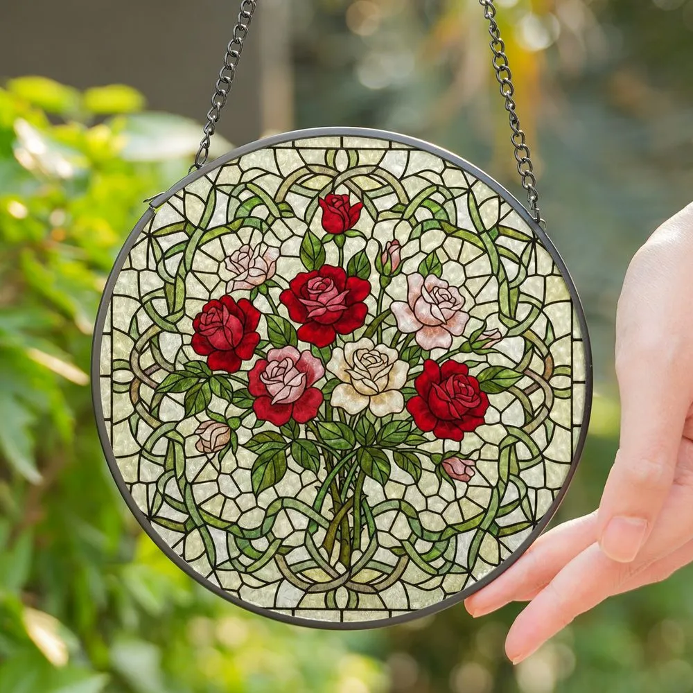 Vibrant Rose Bouquet Stained Glass Tiffany Style - Detailed Floral Art Home Decor Gift Stained Glass Suncatcher - 1