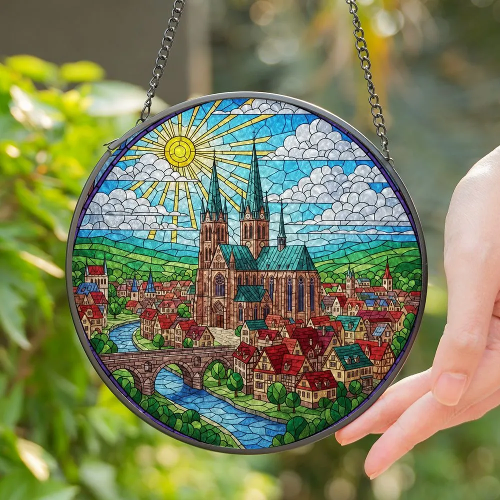Gothic Cathedral Clock Towers European Town River Bridge Tiffany Jewel Tones Glass Stained Glass Suncatcher - 1