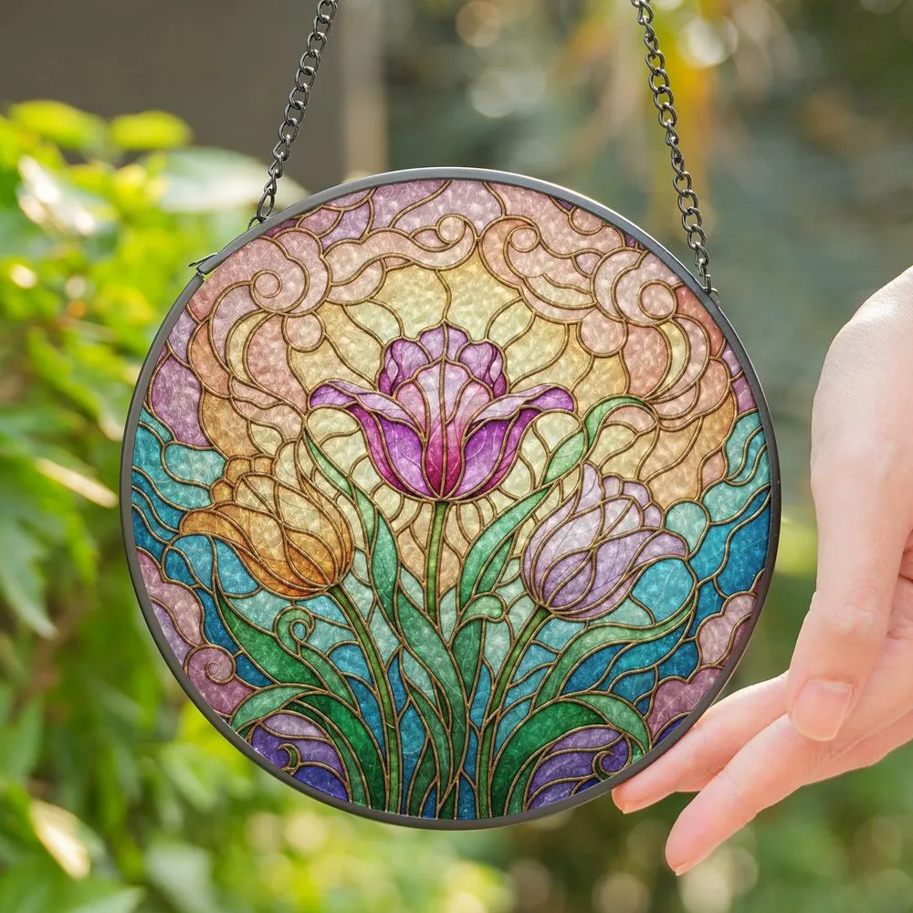 Tiffany Style Tulips Stained Glass Golden Solder & Ethereal Mosaic Clouds Stained Glass Suncatcher - 1