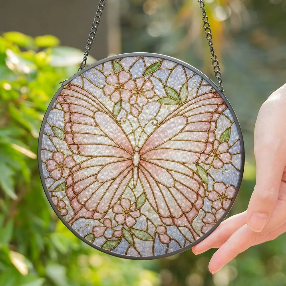 Ethereal Butterfly Stained Glass Pink Rose Gold Wings Mosaic Background Tiffany Style Stained Glass Suncatcher - 1