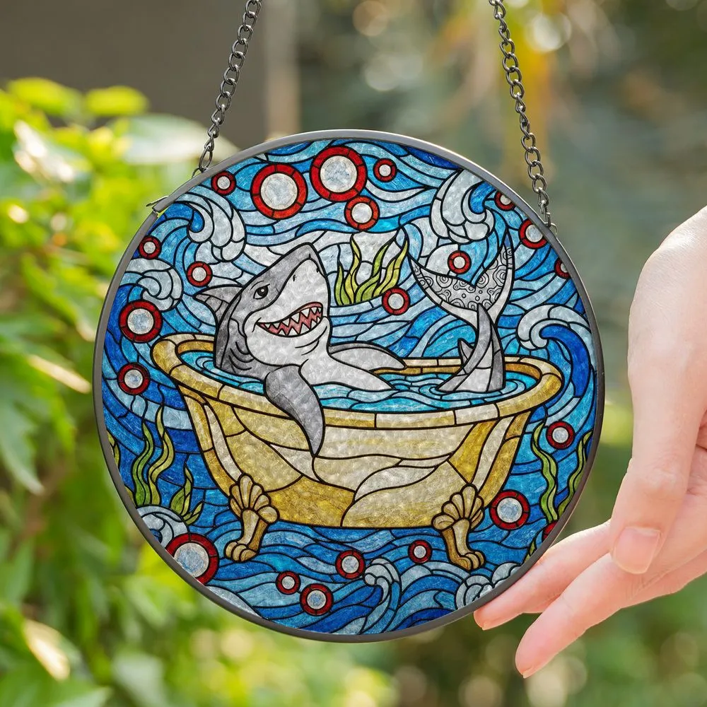 Cartoon Shark Clawfoot Bathtub Stained Glass Art - Mosaic Waves Marine Flora Jewel Tones Stained Glass Suncatcher - 1