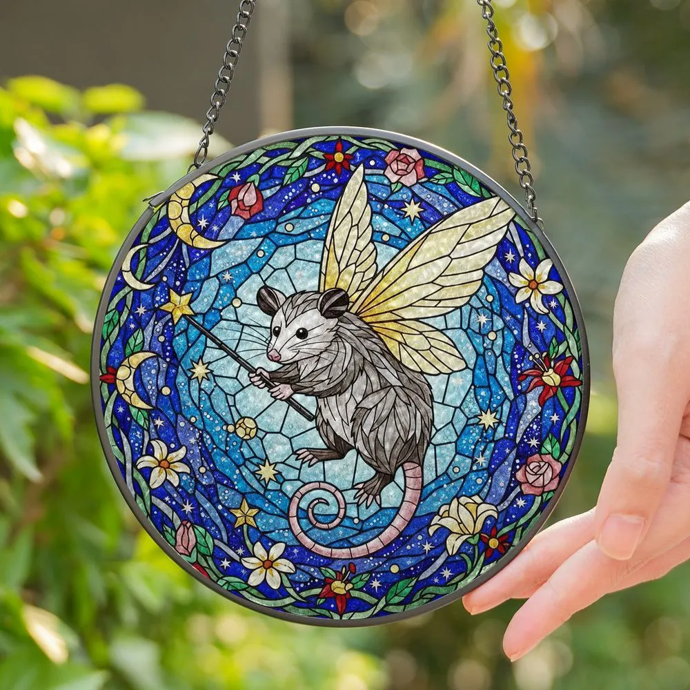 Opossum Fairy Wings Stained Glass Tiffany Style - Stars Moonlight Floral Mosaic Patterns Stained Glass Suncatcher - 1