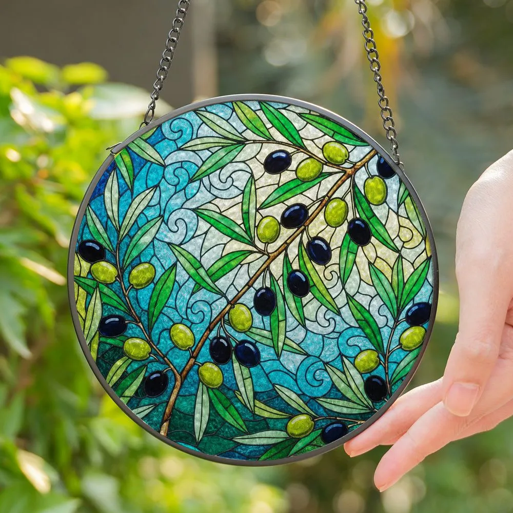 Stylized Olive Branch Stained Glass Art - Black & Green Olives Tiffany Inspired Decor Stained Glass Suncatcher - 1