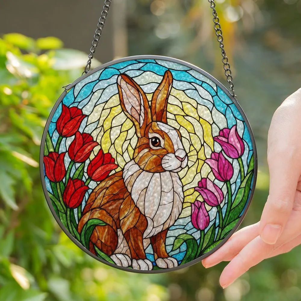 Brown White Rabbit Stained Glass - Tiffany Style Tulips Floral Mosaic Jewel Tone Art Stained Glass Suncatcher - 1