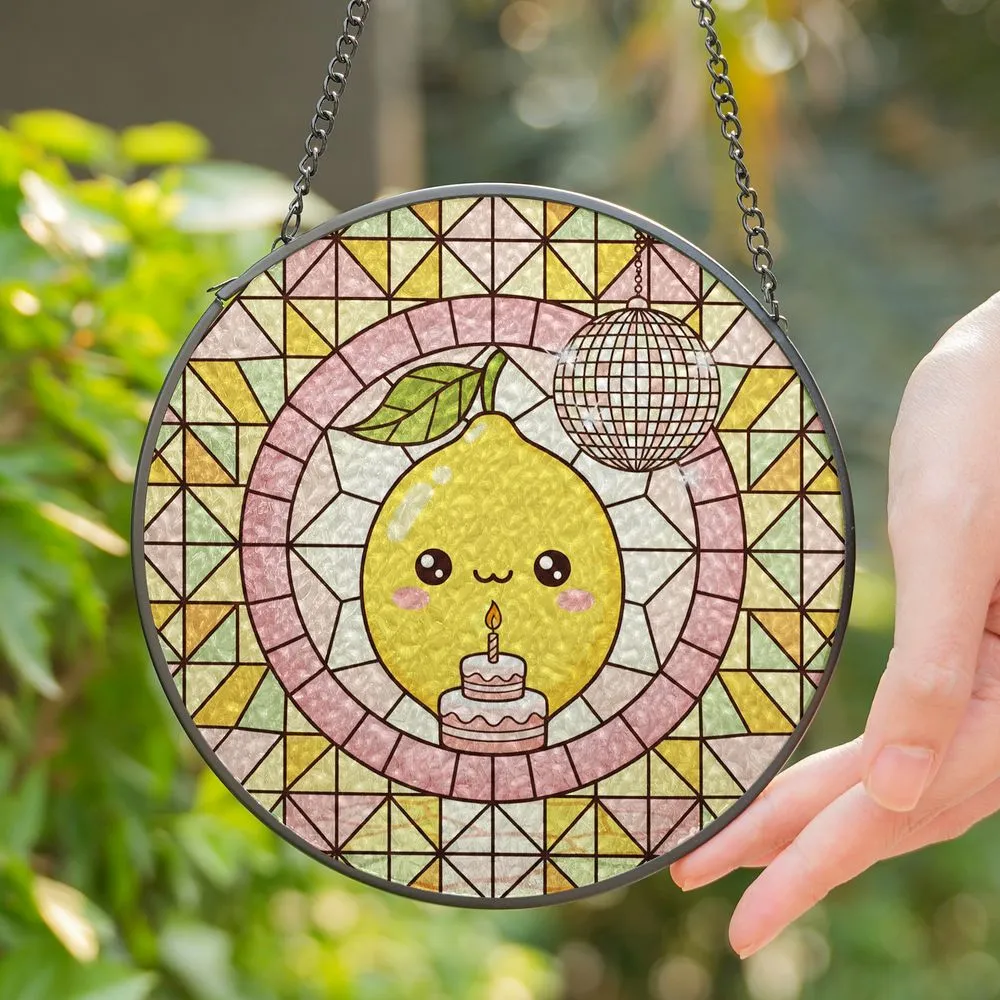Kawaii Lemon Birthday Cake Disco Ball Stained Glass Mosaic Circle for Birthday Present Stained Glass Suncatcher - 1