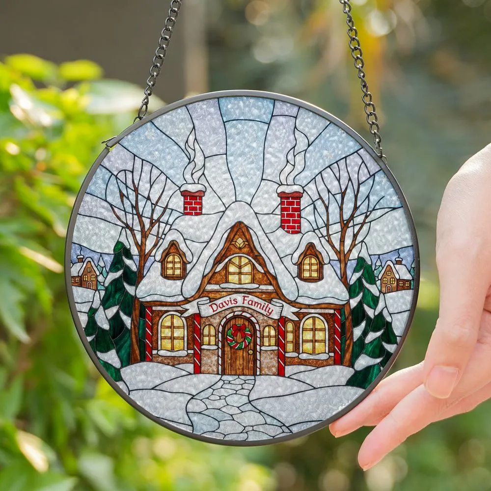 Snowy Gingerbread House Winter Evergreen Landscape Davis Family Christmas Holiday Gift Stained Glass Suncatcher - 1