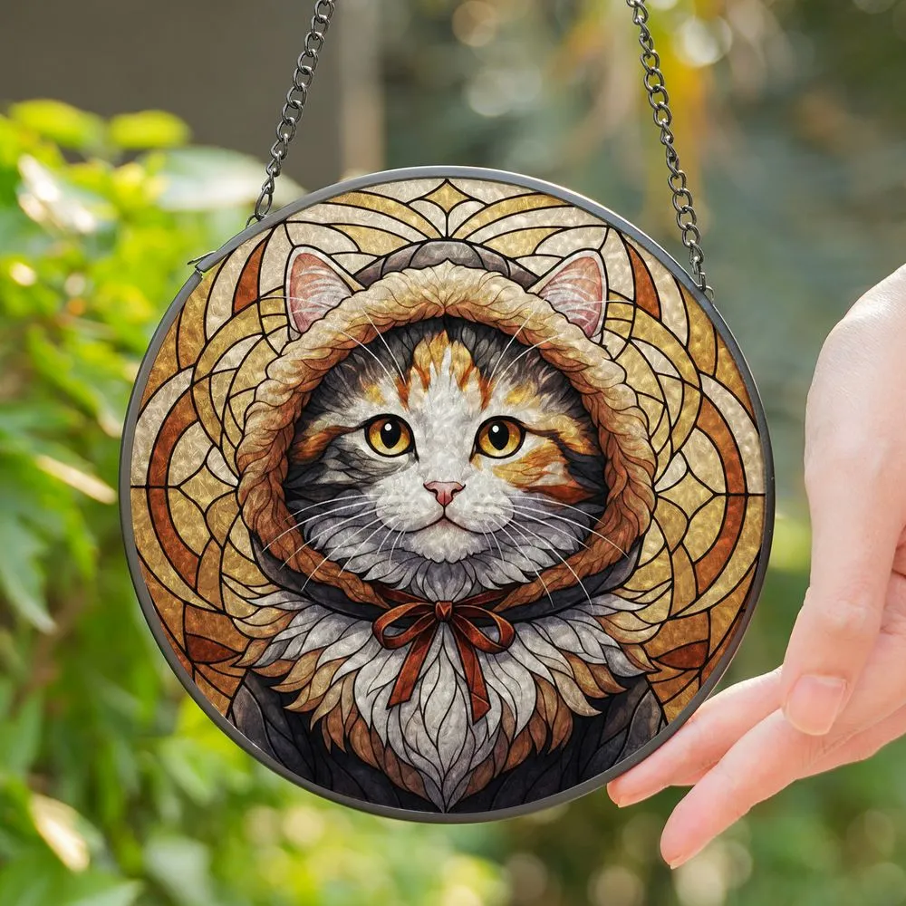 Fluffy Tricolor Kitten Stained Glass Mosaic - Golden Eyes, Hooded Outfit, Glowing Tiffany Art Stained Glass Suncatcher - 1