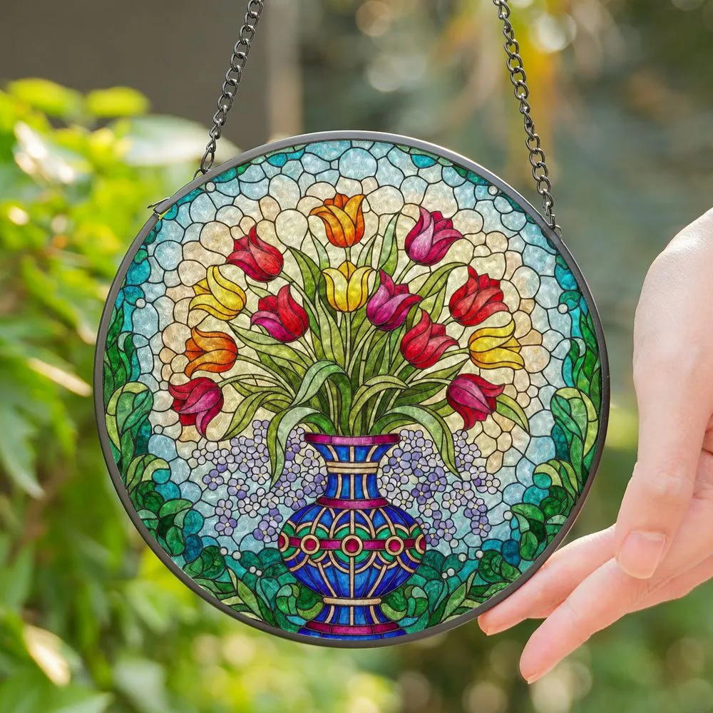 Tulip Bouquet Stained Glass Mosaic Art Tiffany Style Spring Floral Jewel Tones Decor Stained Glass Suncatcher - 1