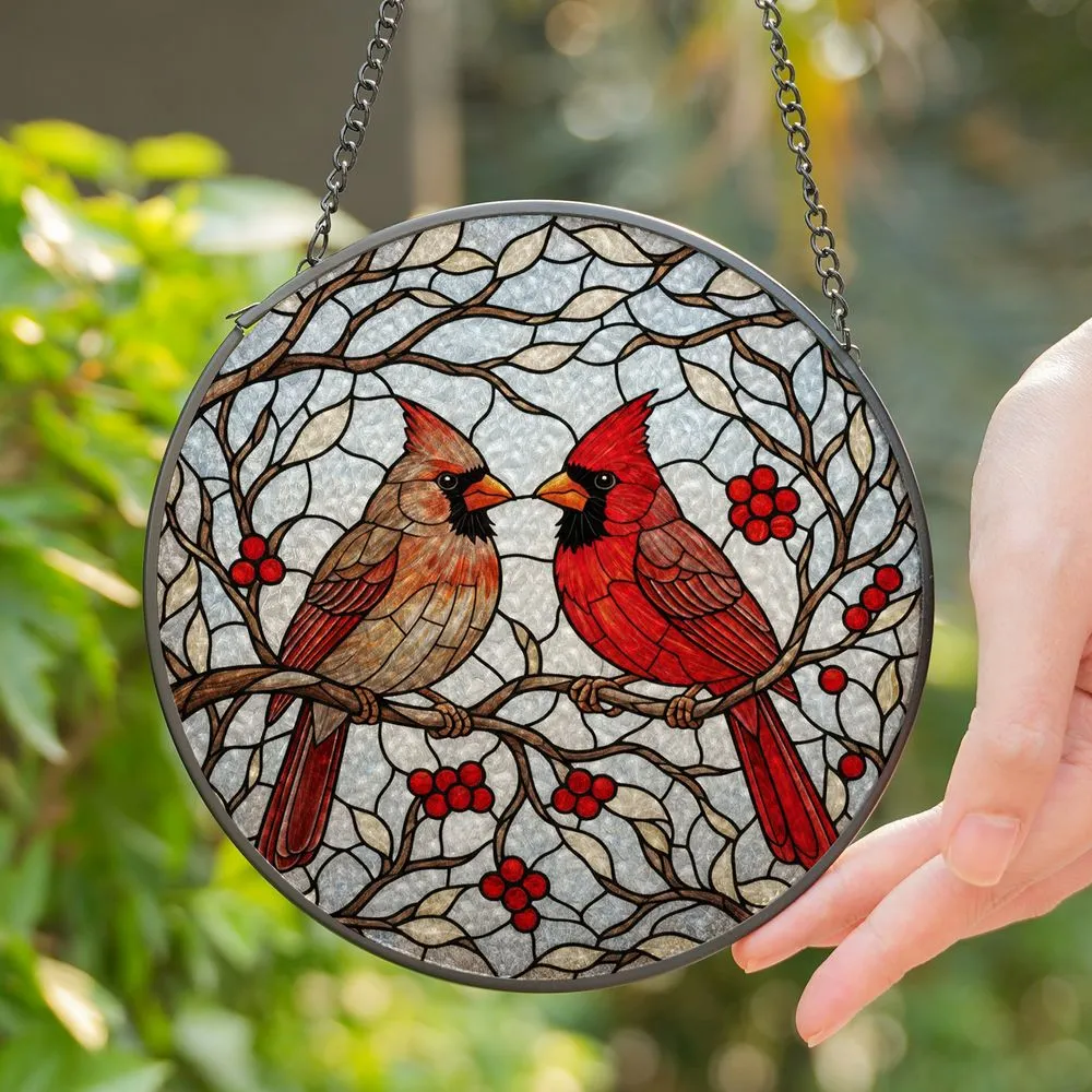 Northern Cardinals Stained Glass Art - Winter Berries Gnarled Branch Tiffany Jewel Tone Stained Glass Suncatcher - 1