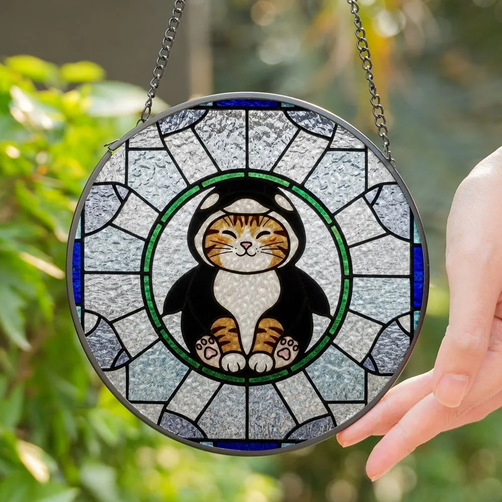 Tabby Cat Orca Costume Tiffany Stained Glass, Detailed Mosaic Background Art with Jewel Tones Stained Glass Suncatcher - 1