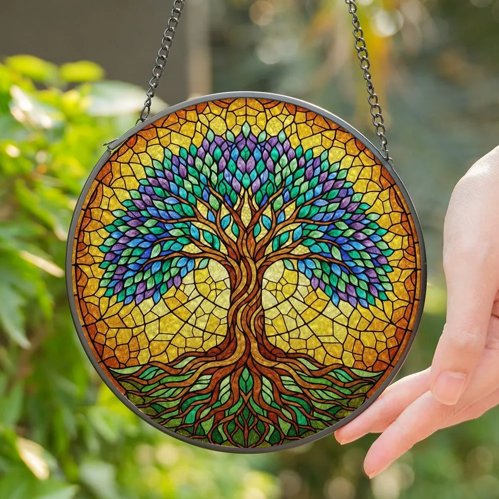 Tree of Life Intricate Full Frame Stained Glass Mosaic Art - Jewel Tone Glowing Home Decor Stained Glass Suncatcher - 1