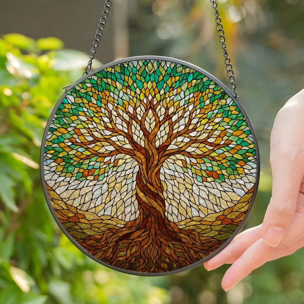 Gnarled Tree of Life Stained Glass Art - Tiffany Style Jewel Tones Mosaic Window Decor Stained Glass Suncatcher - 1