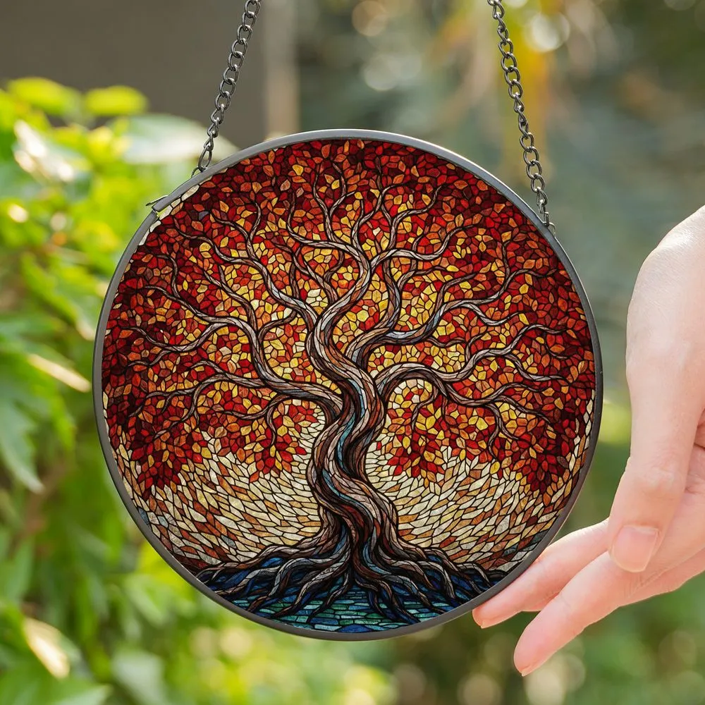 Gnarled Tree Autumn Leaves Stained Glass Tiffany Style Circular Mosaic Foliage Root System Stained Glass Suncatcher - 1