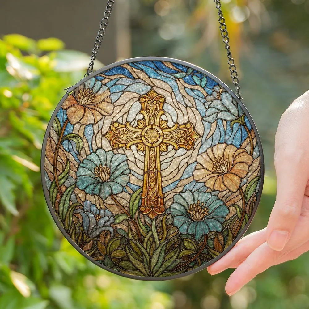 Ornate Christian Cross Stained Glass, Tiffany Style Floral Mosaic Sky Religious Home Décor Stained Glass Suncatcher - 1