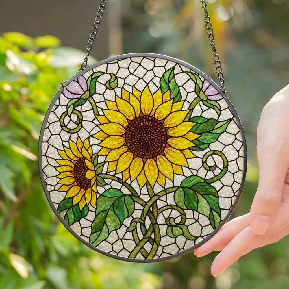Large Yellow Sunflower Tiffany Stained Glass Floral Mosaic Purple Pink Flower Buds Green Leaves Stained Glass Suncatcher - 1
