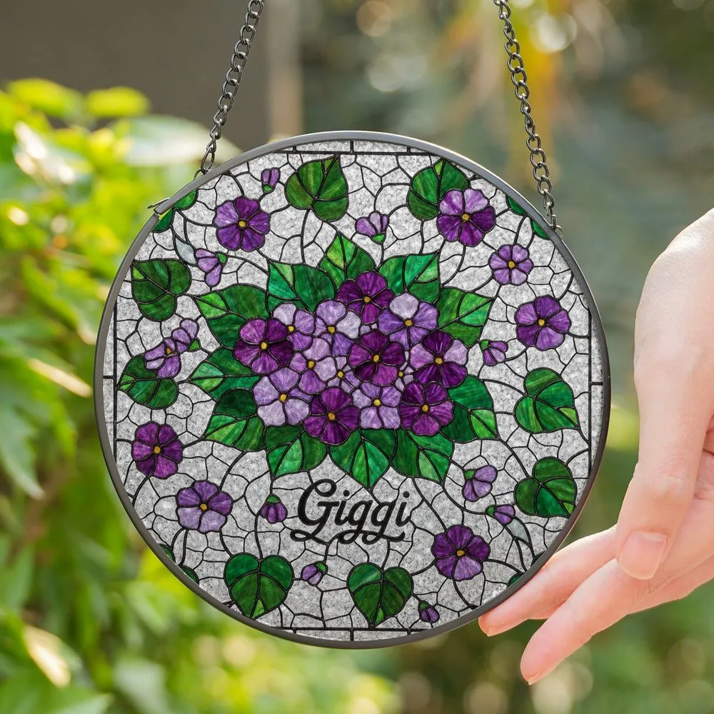 Deep Purple African Violet Stained Glass Art, Tiffany Style Bouquet, Gigi Name Gift Stained Glass Suncatcher - 1