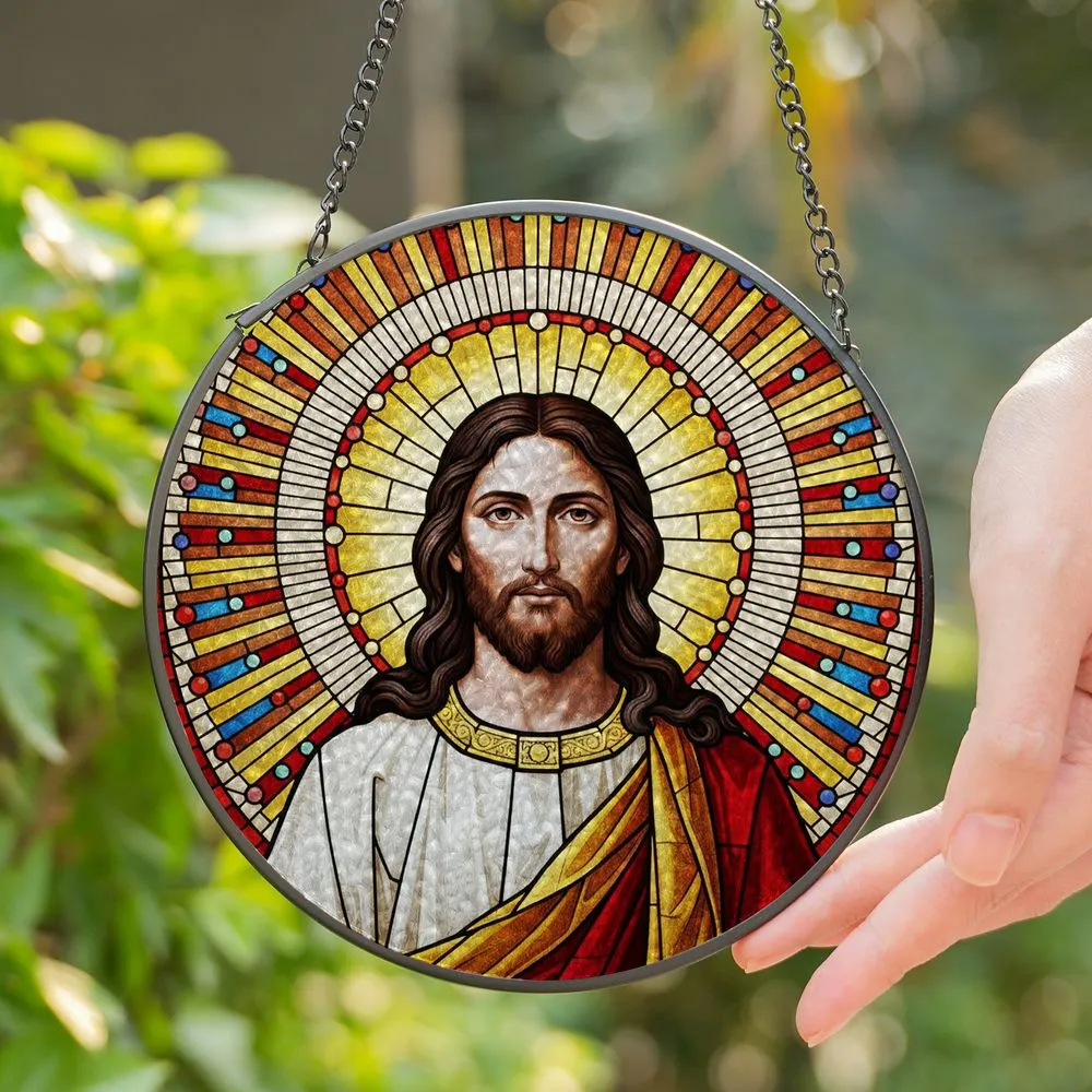 Jesus Christ Bust Portrait Stained Glass - Radiant Tiffany Style Jewel Tone Mosaic Artwork Stained Glass Suncatcher - 1