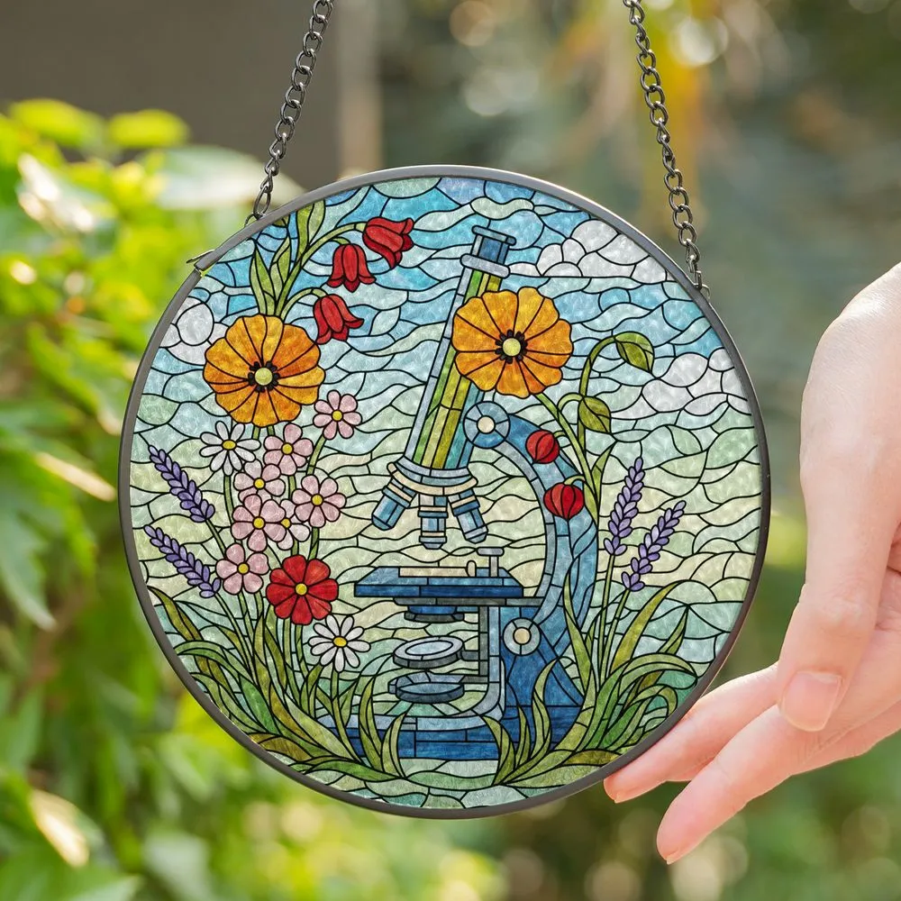 Tiffany Stained Glass Microscope Wildflowers - Poppies Lavender Mosaic Jewel Tones Stained Glass Suncatcher - 1