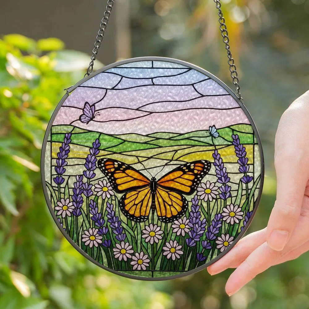 Colorful Monarch Butterfly Lavender Daisy Tiffany Style Stained Glass Mosaic Art Stained Glass Suncatcher - 1