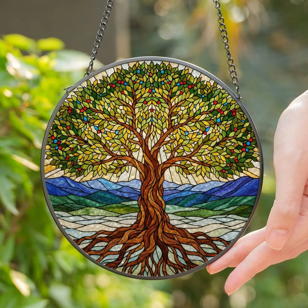 Tree of Life Intricate Stained Glass Landscape - Gnarled Roots & Colorful Leaves Stained Glass Suncatcher - 1