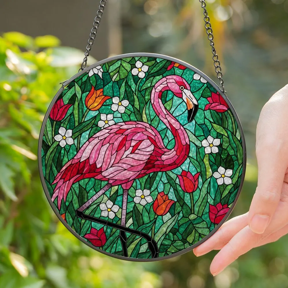 Graceful Flamingo Stained Glass Mosaic - Detailed Tropical Foliage Tiffany Jewel Tone Art Stained Glass Suncatcher - 1