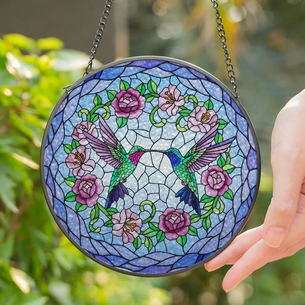 Two Hummingbirds Stained Glass Tiffany Art - Floral Wreath Purple Pink Mosaic Jewel Tones Stained Glass Suncatcher - 1