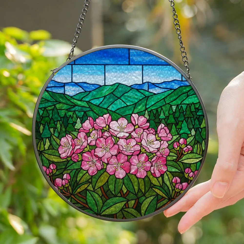 Blooming Pink Mountain Laurel Tiffany Stained Glass - Forested Mountain Peaks Scenery Stained Glass Suncatcher - 1