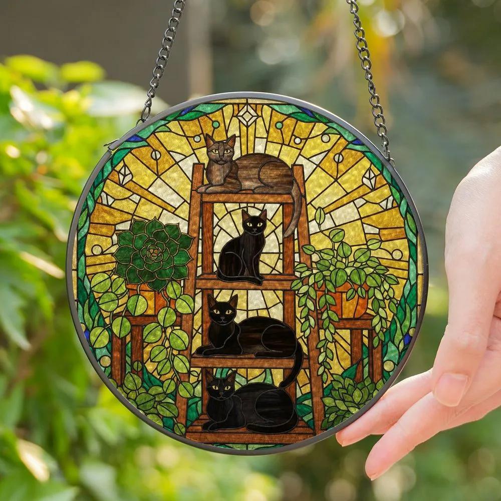 Four Black Cats Potted Plants Plant Stand Stained Glass Mosaic Glowing Jewel Tones Stained Glass Suncatcher - 1