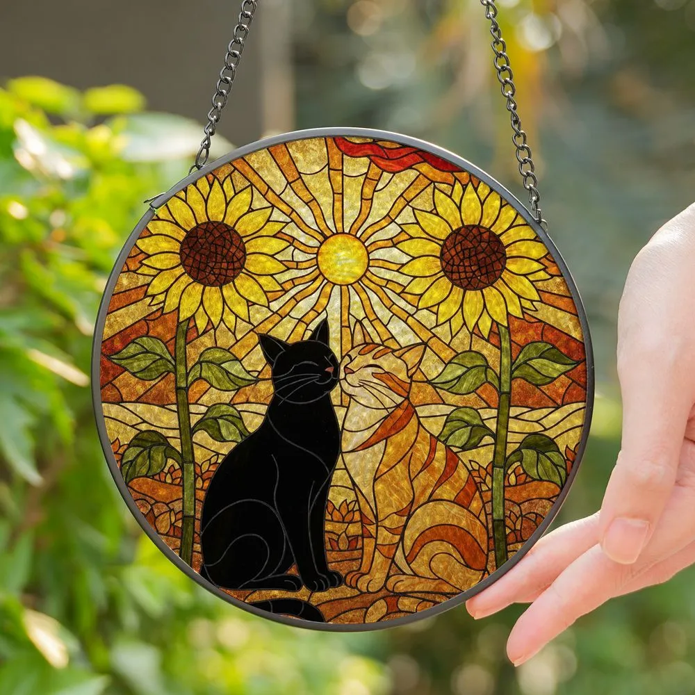 Loving Black Cat Orange Tabby Snuggling Sunflowers Sunburst Stained Glass Jewel Tone Art Gift Stained Glass Suncatcher - 1