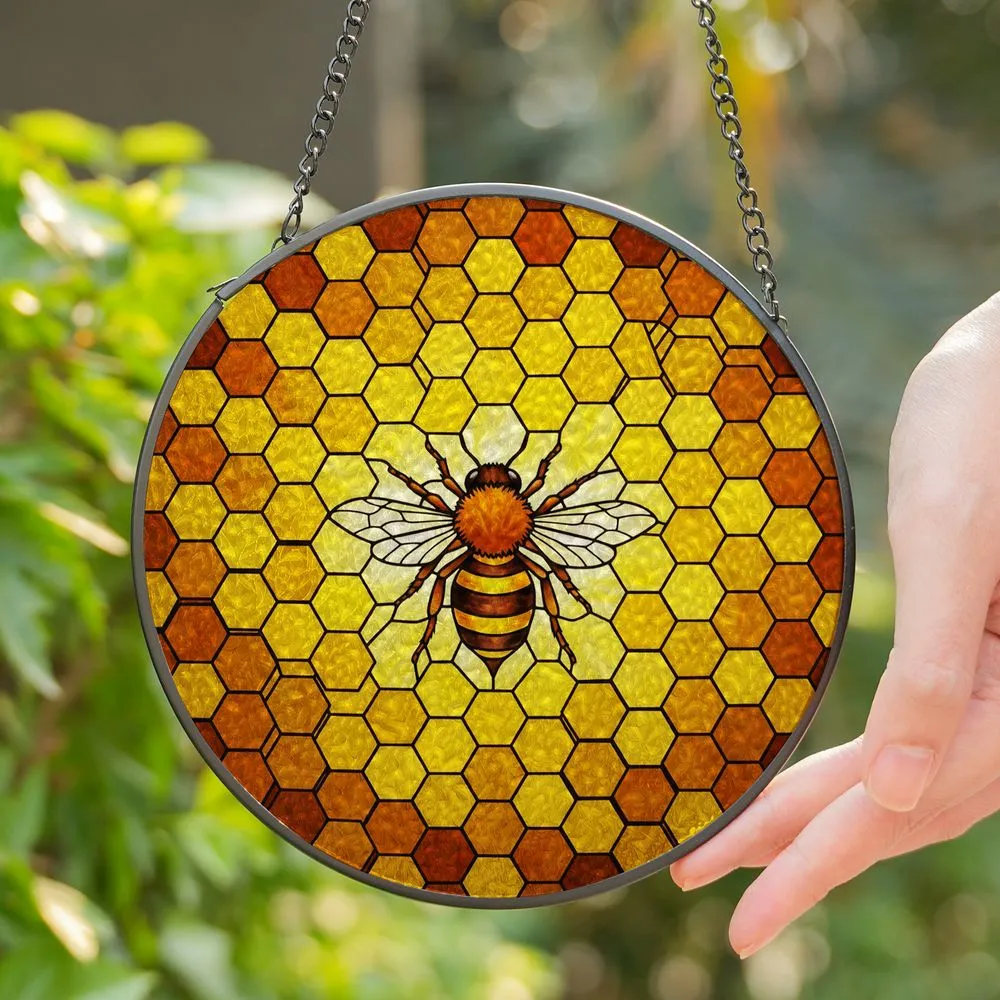 Stained Glass Honey Bee Honeycomb Design - Tiffany Style Hexagonal Mosaic Art Stained Glass Suncatcher - 1