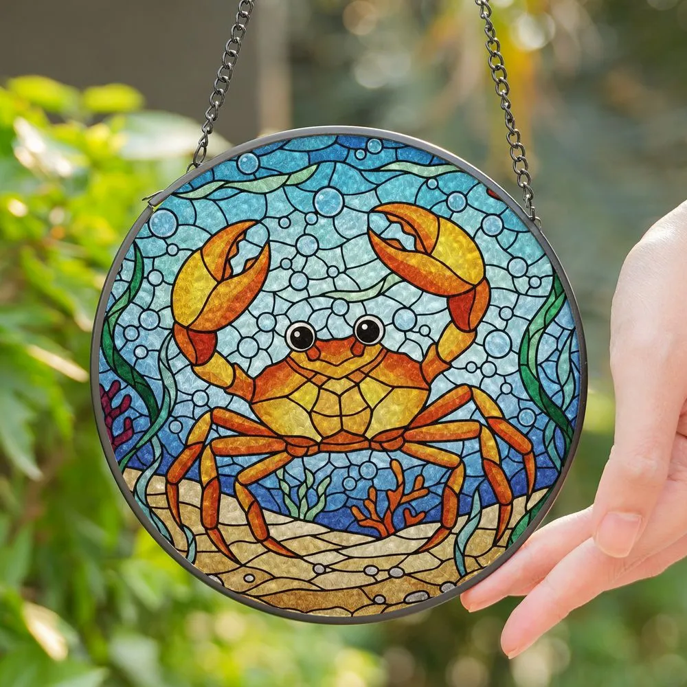 Vibrant Stylized Crab Stained Glass Ocean Mosaic - Tiffany Seaweed Coral Bubbles Stained Glass Suncatcher - 1