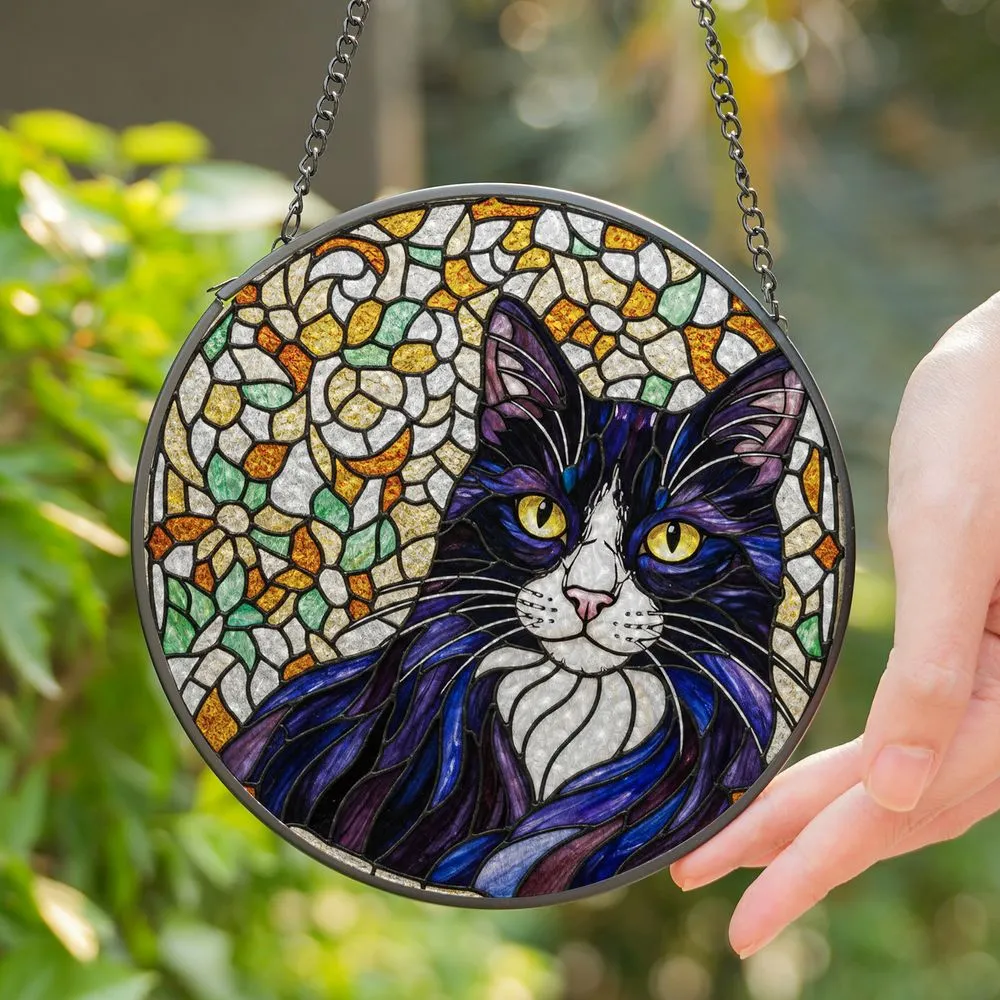 Curious Tuxedo Cat Stained Glass Mosaic - Bright Yellow Eyes, Pink Nose, Tiffany Style Stained Glass Suncatcher - 1