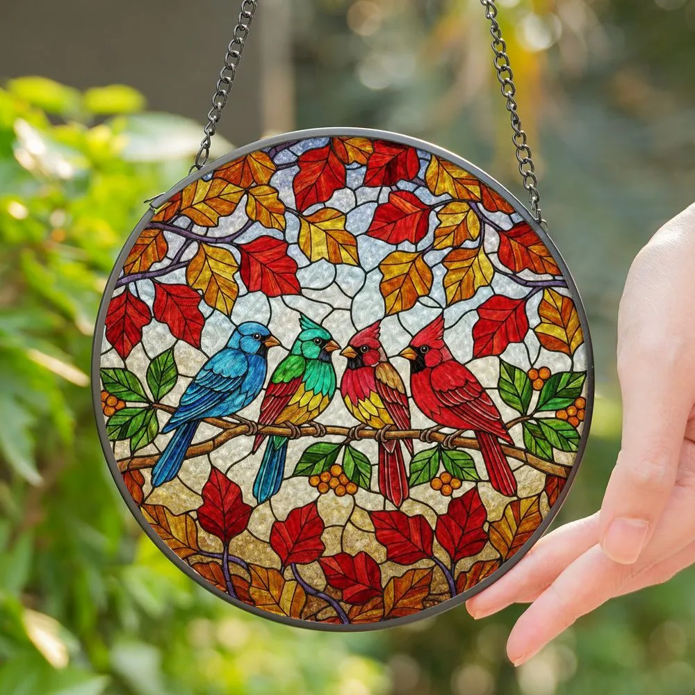 Vibrant Tiffany Stained Glass Songbirds Cardinal Autumn Leaves Berries Mosaic Art Stained Glass Suncatcher - 1