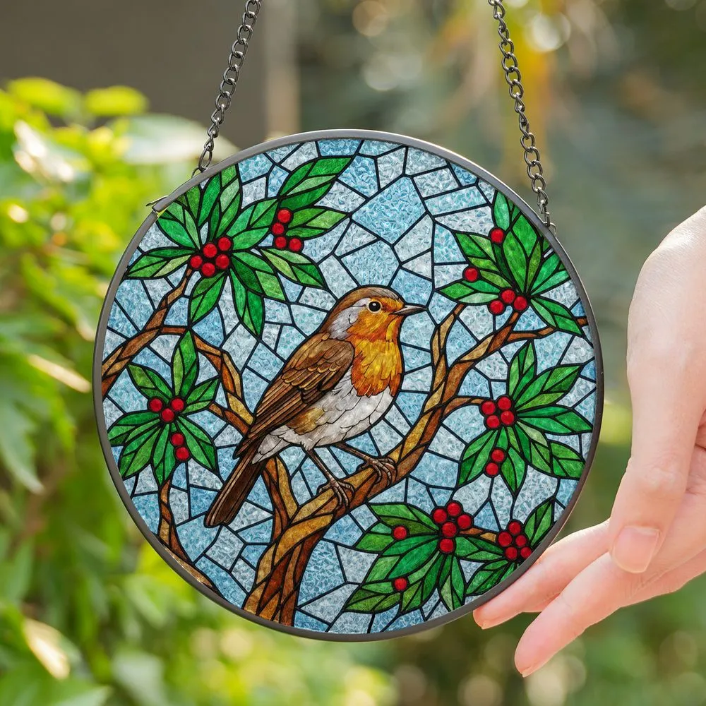 Robin Bird Stained Glass Art - Tiffany Style Mosaic with Red Berries, Green Leaves Stained Glass Suncatcher - 1