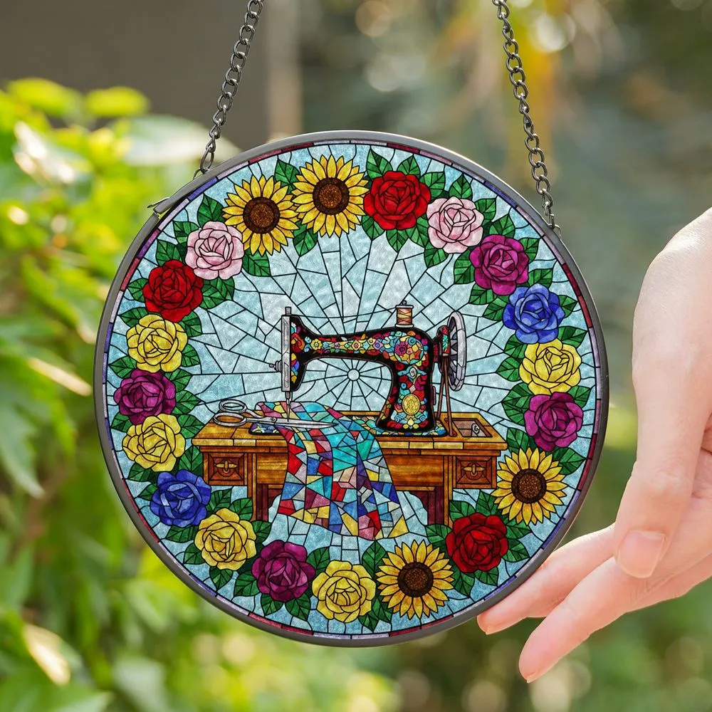 Vintage Sewing Machine Stained Glass Crafting Art - Patchwork Fabric Rose Sunflower Wreath Stained Glass Suncatcher - 1