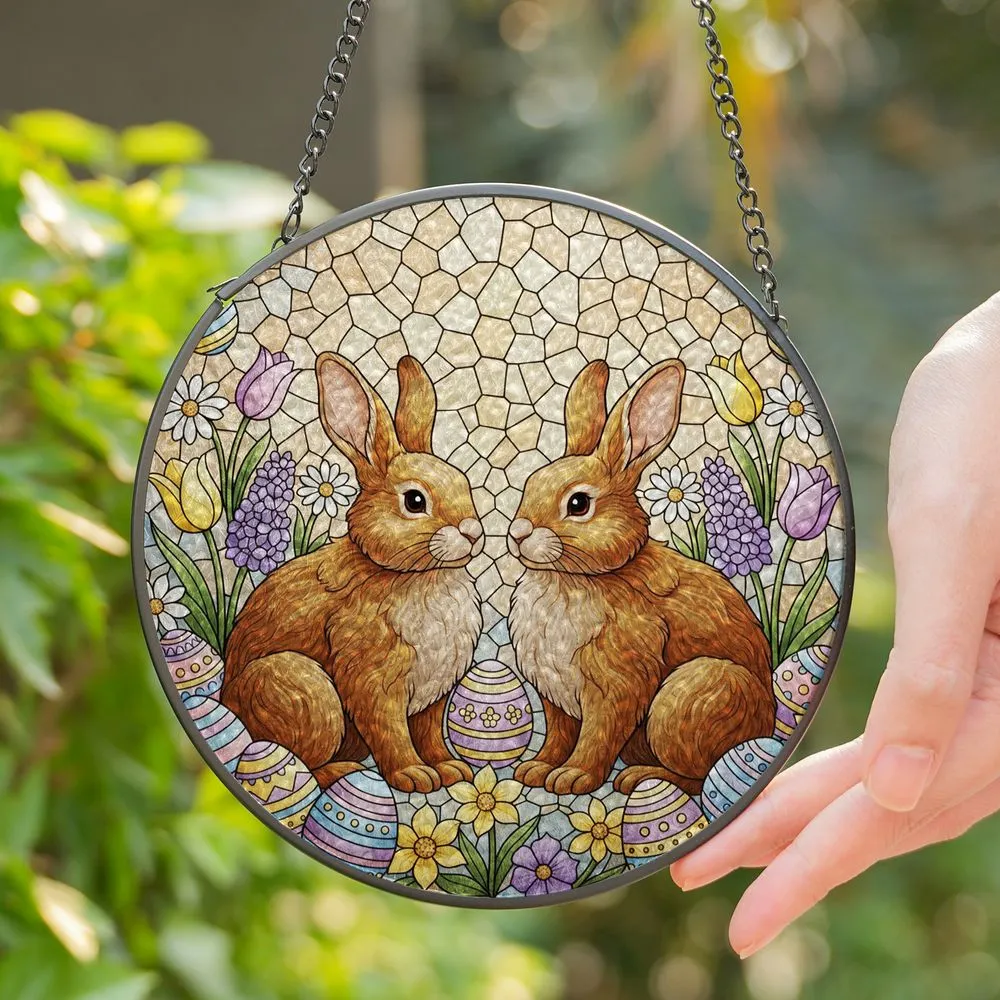 Fluffy Brown Rabbits Easter Eggs Spring Flowers - Colorful Tiffany Glass Home Decor Stained Glass Suncatcher - 1