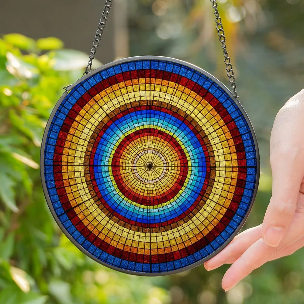 Stained Glass Spiral Mosaic Kaleidoscope Tiffany Style Jewel Tones Concentric Pattern Stained Glass Suncatcher - 1