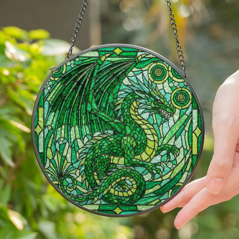 Majestic Dragon Stained Glass Art Tiffany Emerald Green Teal Watchful Gaze Mosaic Stained Glass Suncatcher - 1