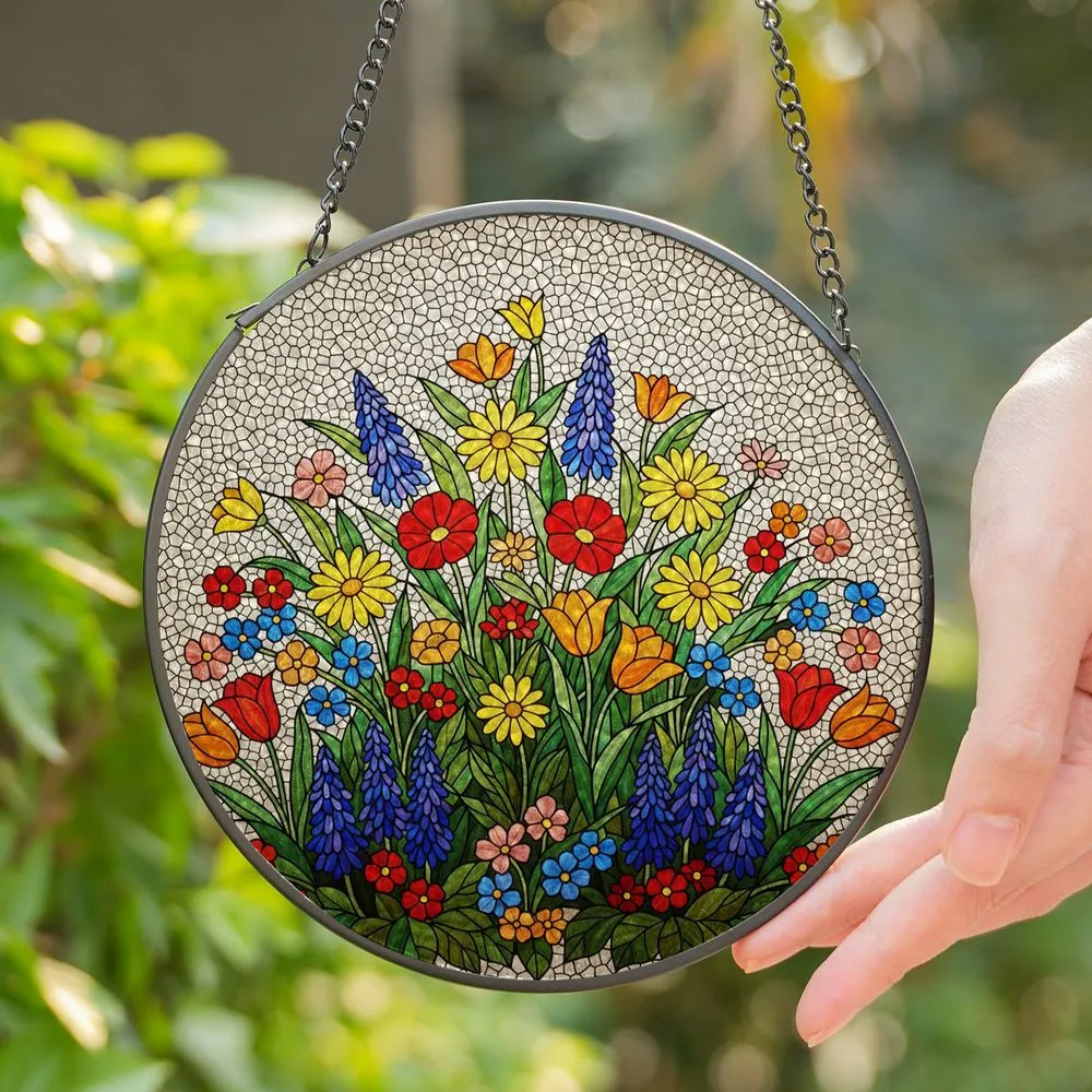 Tiffany Stained Glass Garden Flowers - Assorted Blooming Florals with Cracked Glass Mosaic Stained Glass Suncatcher - 1